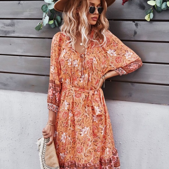 boho floral print belted 3/4 sleeve dress Yellow - Picture 4 of 9